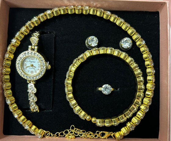 Conjunto de joyas dorado con reloj