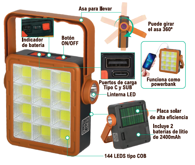 Lámpara solar multifunción portátil LED