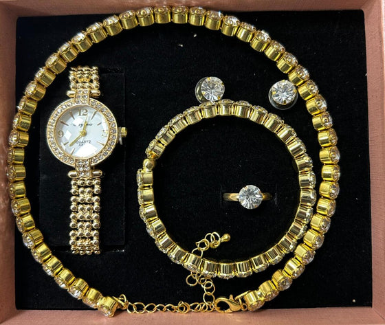 Conjunto de joyas dorado con reloj