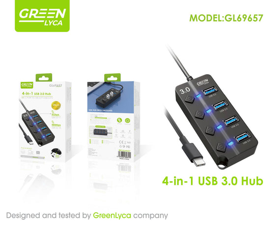 Hub USB 4 en 1 con interruptores On/Off
