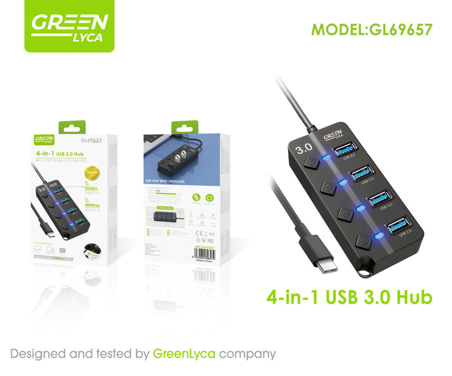 Hub USB 4 en 1 con interruptores On/Off