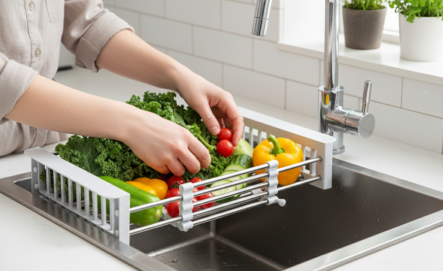 Cesta retráctil para fregadero ajustable