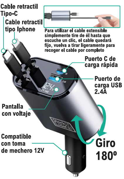 Cargador para coche con cables retráctiles