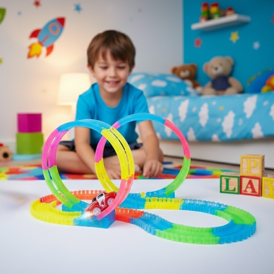 Pista de coches flexible que brilla