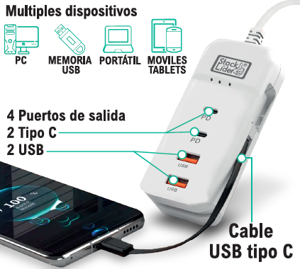 Regleta de carga USB 4+1 compacta