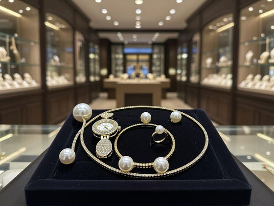 Conjunto de joyas dorado con perlas