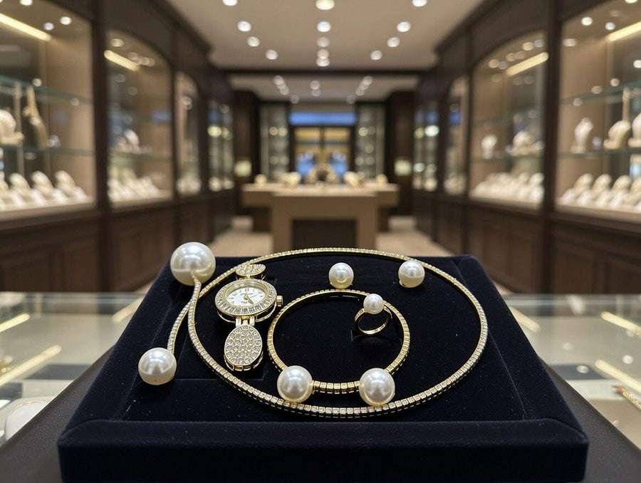 Conjunto de joyas dorado con perlas