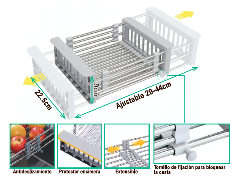 Cesta retráctil para fregadero ajustable