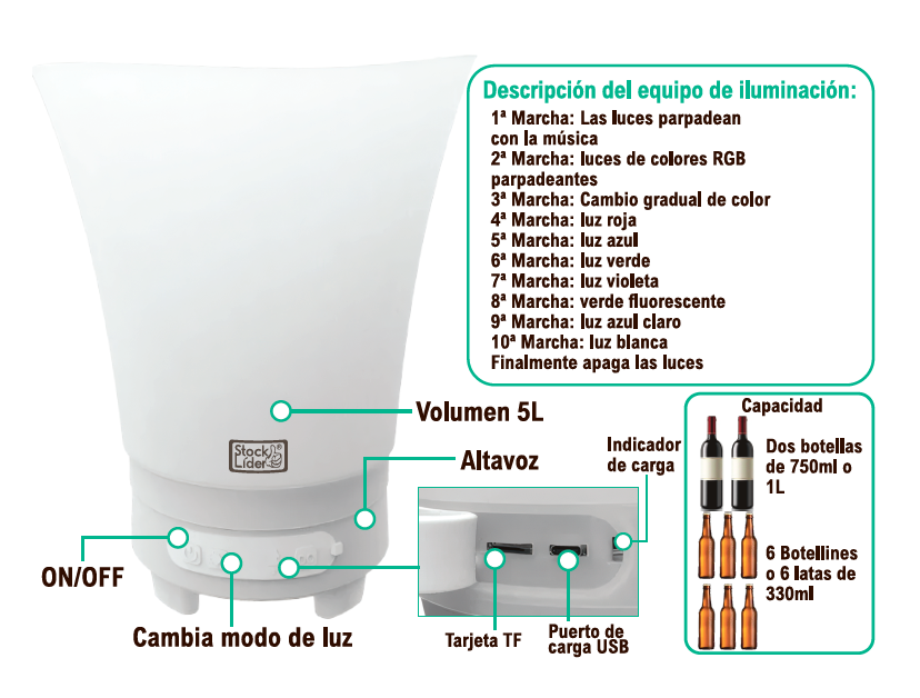Cubitera con altavoz Bluetooth y luz RGB