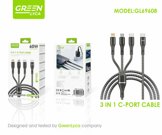 Cable Carga Rápida 3 en 1 USB-C 60W